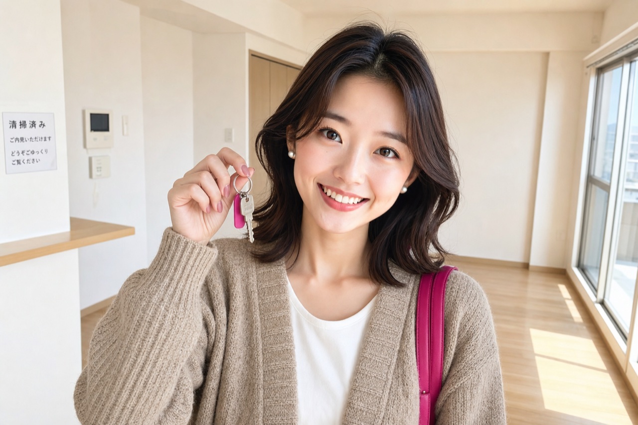 Miya, the GetConnectedJapan guide, holding keys in a bright empty Japanese apartment.