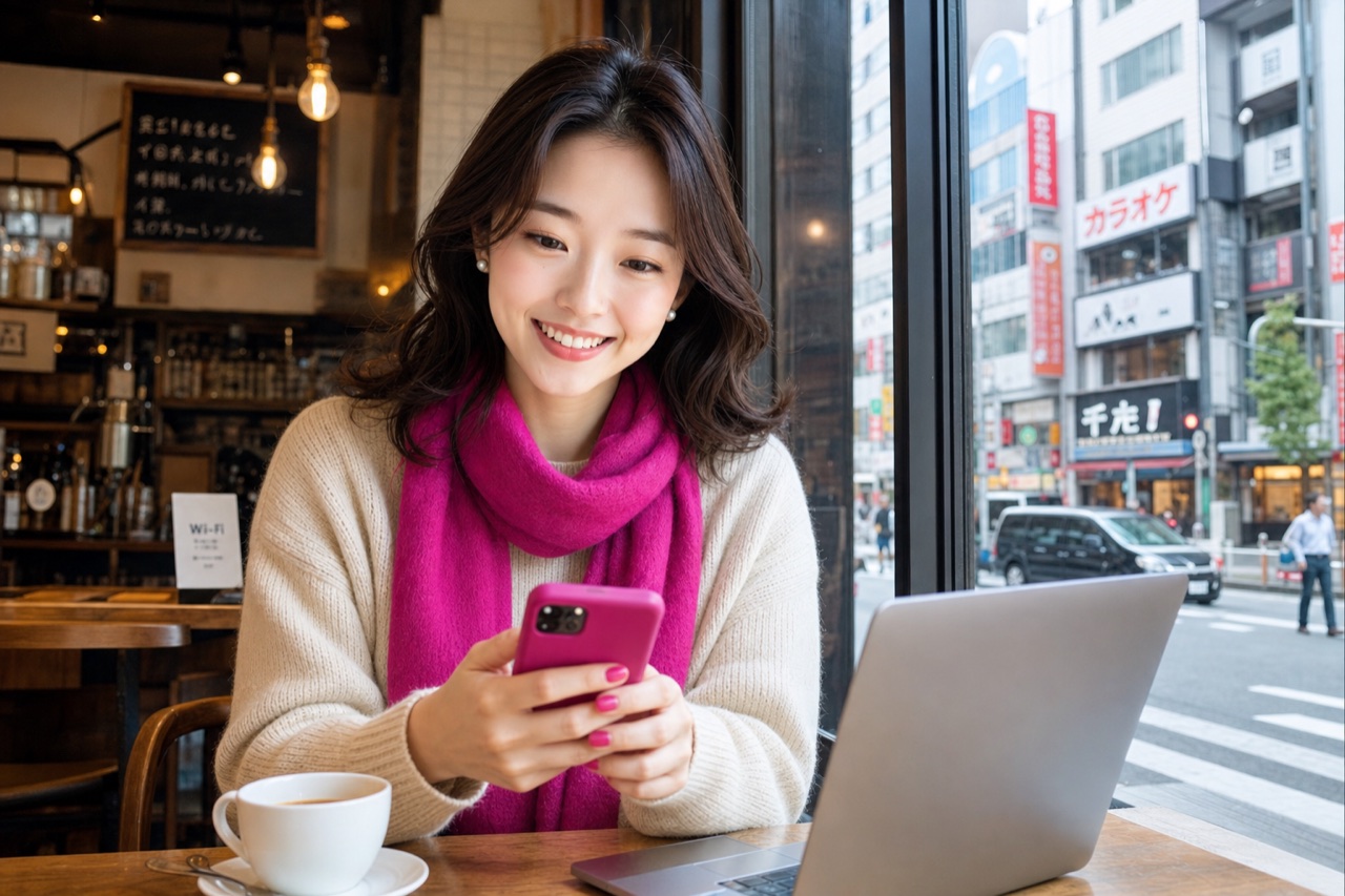 Miya, the GetConnectedJapan guide, looking at her smartphone at a cozy cafe table.