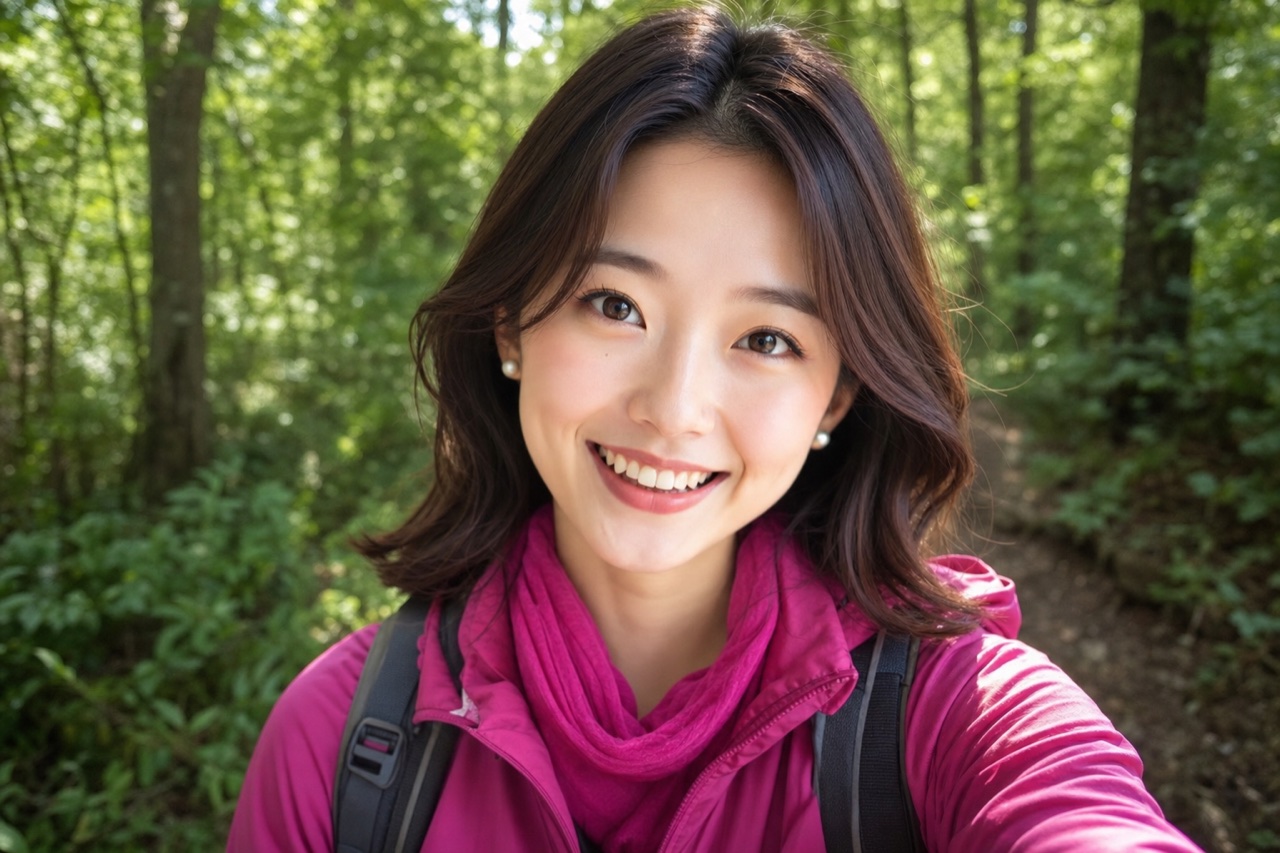 Miya, the GetConnectedJapan guide, hiking on a sunlit forest mountain trail.