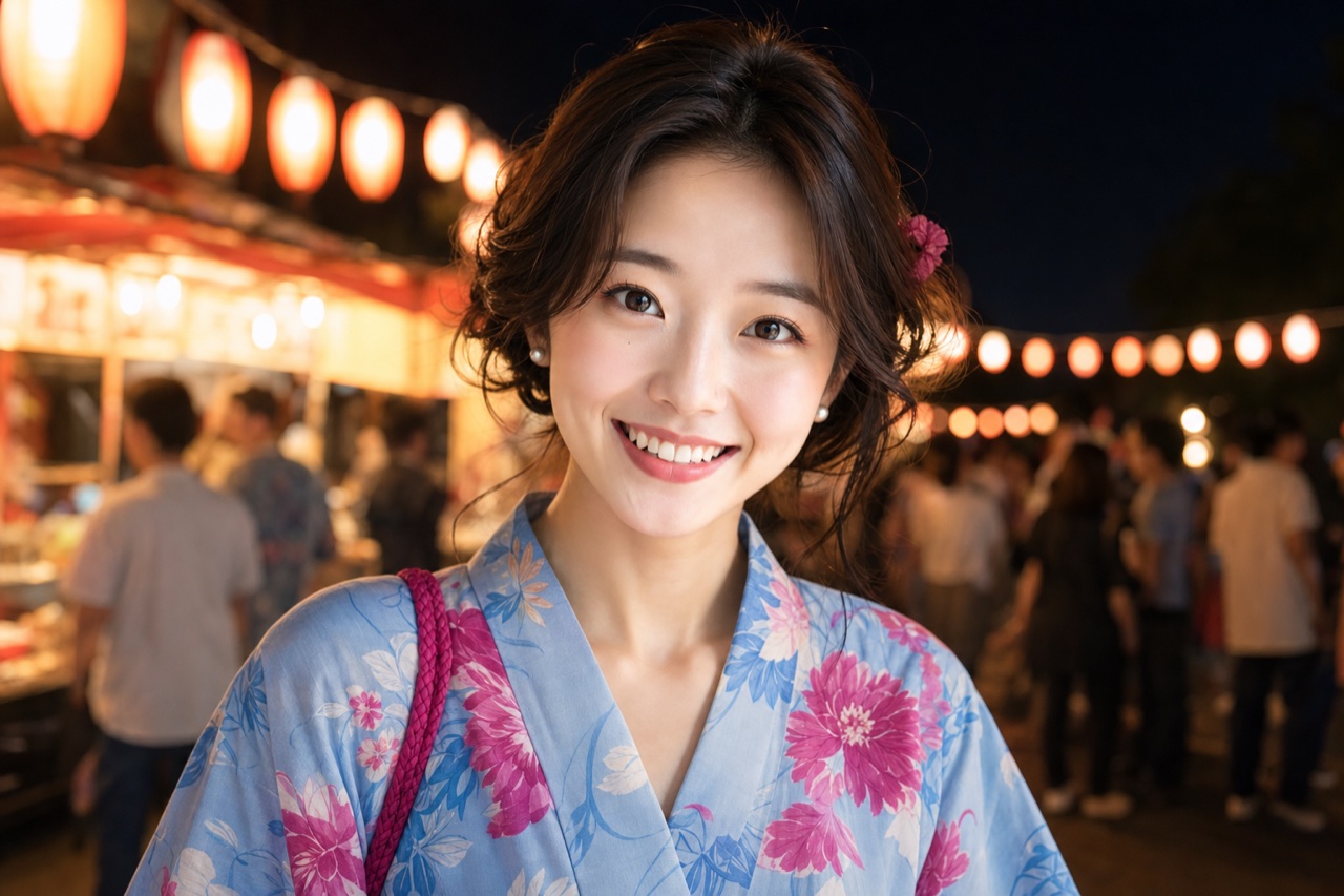 Miya, the GetConnectedJapan guide, in a summer yukata at a lantern-lit night festival.