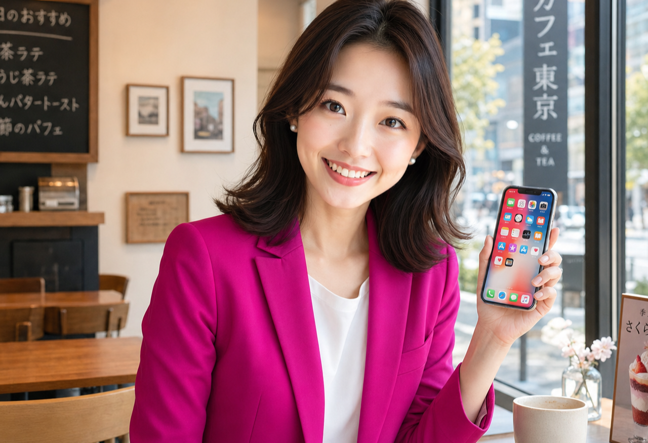 Miya holding a smartphone and smiling, standing in bright daylight.