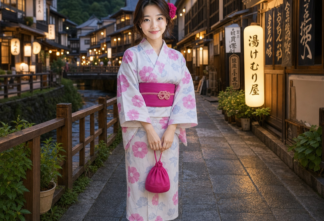 Miya, the GetConnectedJapan guide, waving hello beside a steaming outdoor hot-spring bath, holding a folded towel.