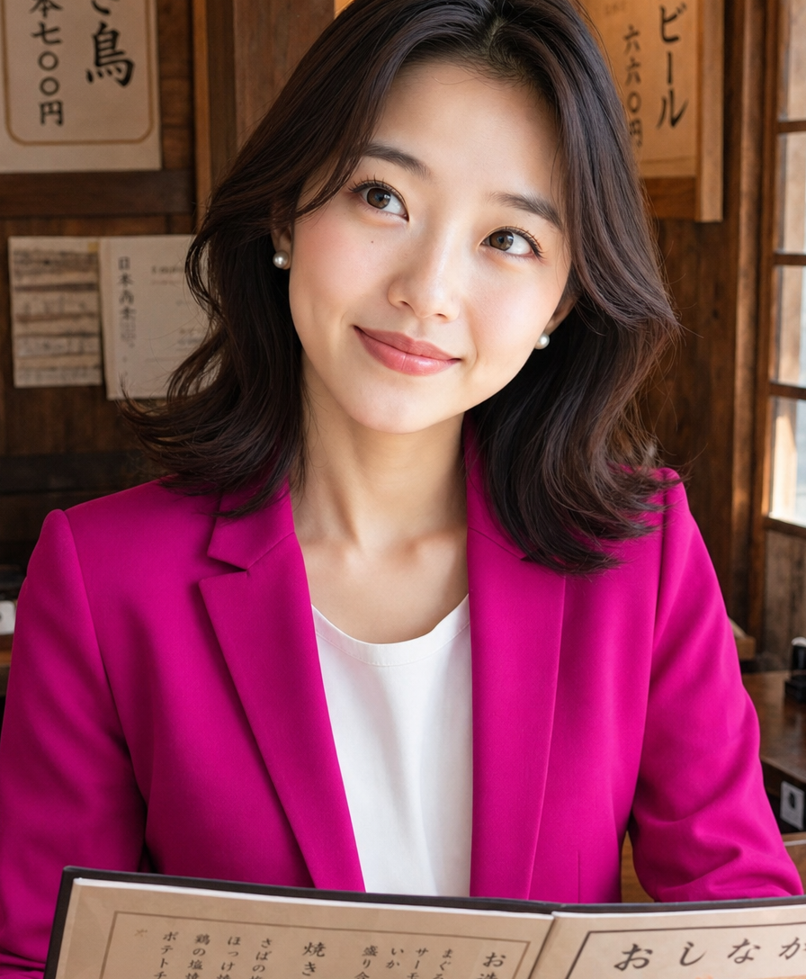 Miya, the GetConnectedJapan guide, sitting at a warm café table with a pen and notebook, smiling as if ready to chat.