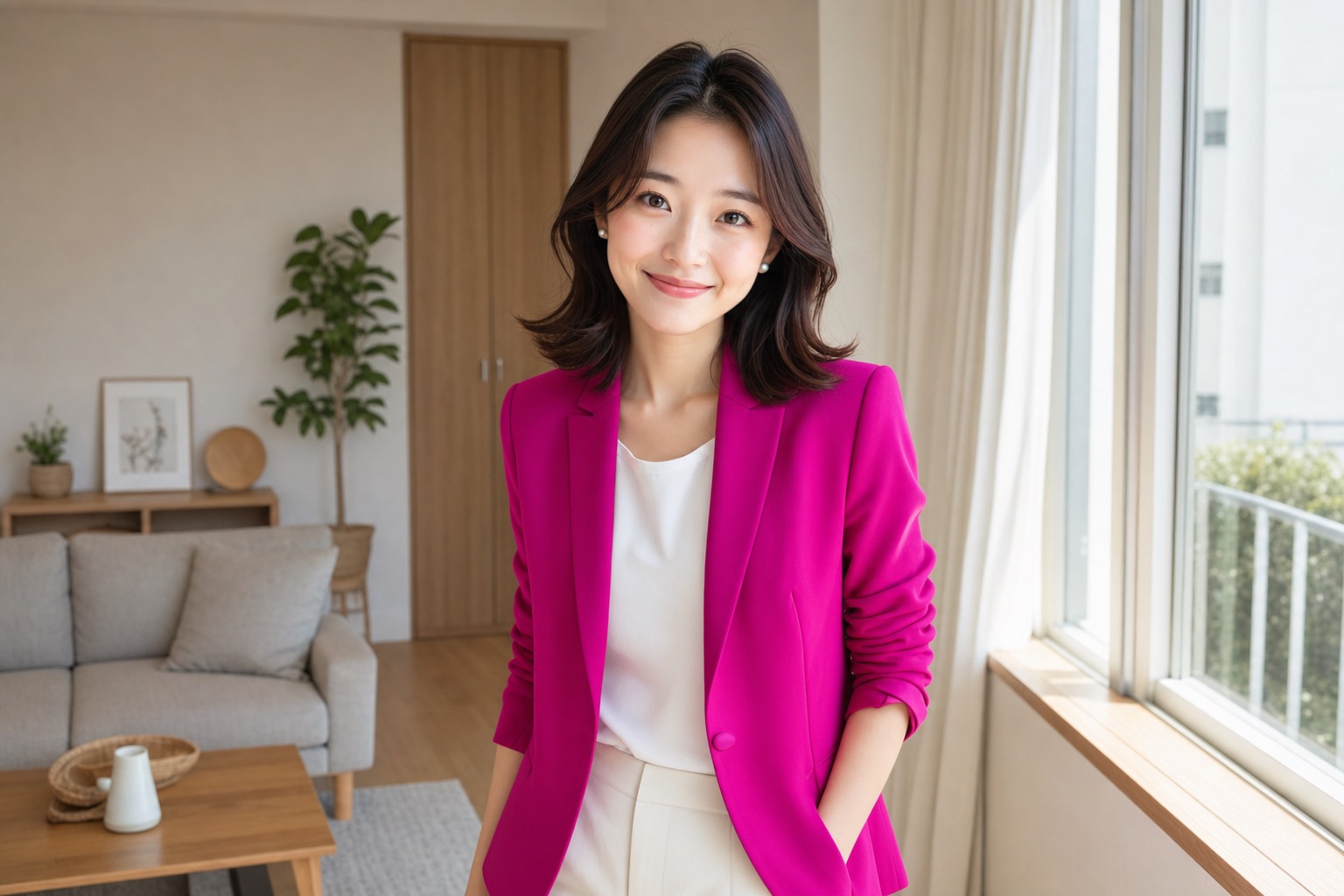 Miya, the GetConnectedJapan guide, smiling and holding up a smartphone showing signal bars, inviting you to get connected with Rakuten Mobile.