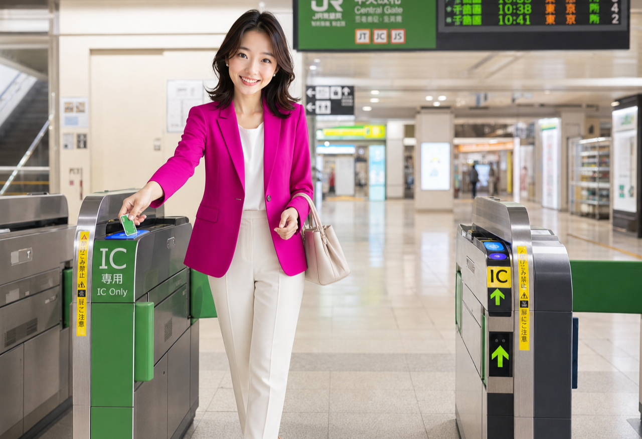 Miya, the GetConnectedJapan guide, tapping her smartphone on a train station fare-gate reader, full body in a bright station concourse.